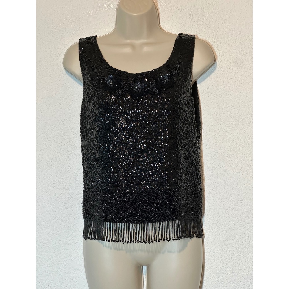 Vintage 60s Black Sequin Beaded Fringe Wool Top Sleeveless Zipper Back Small